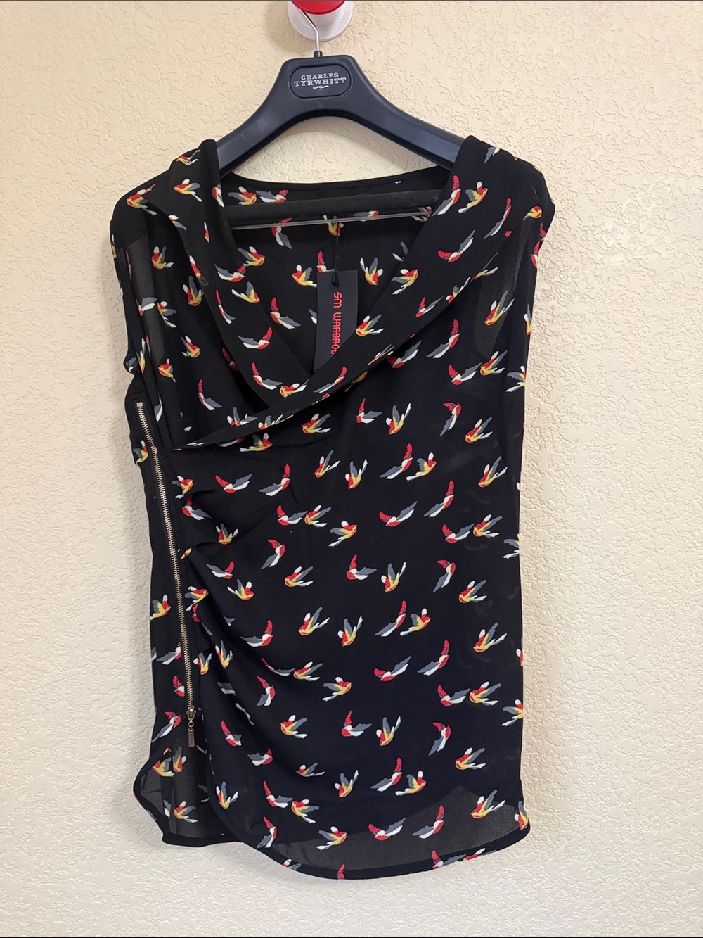 Sleeveless Black Bird-Print Draped Blouse NWT Size Small